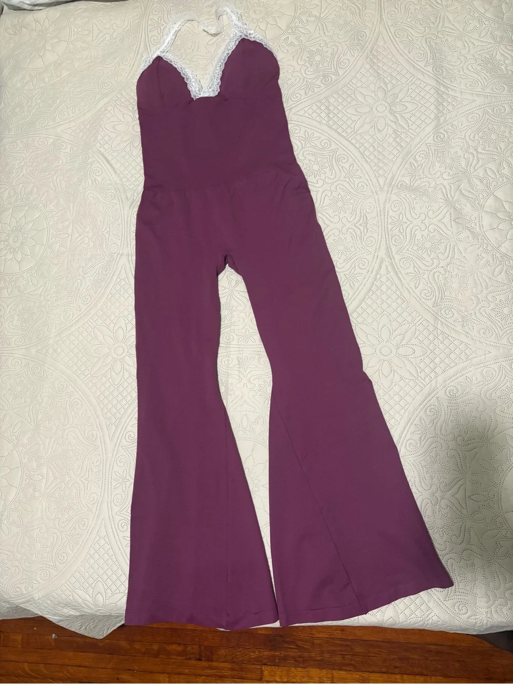 Girls' Plum Lace-Trim Flared Jumpsuit